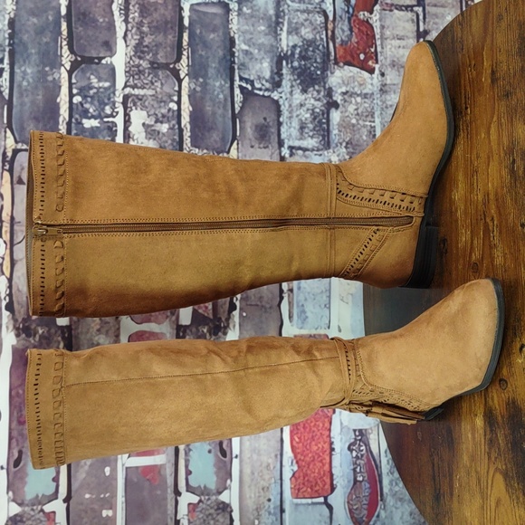 Just Fab "Walk The Line" Cognac Faux Suede Boots - Picture 4 of 14